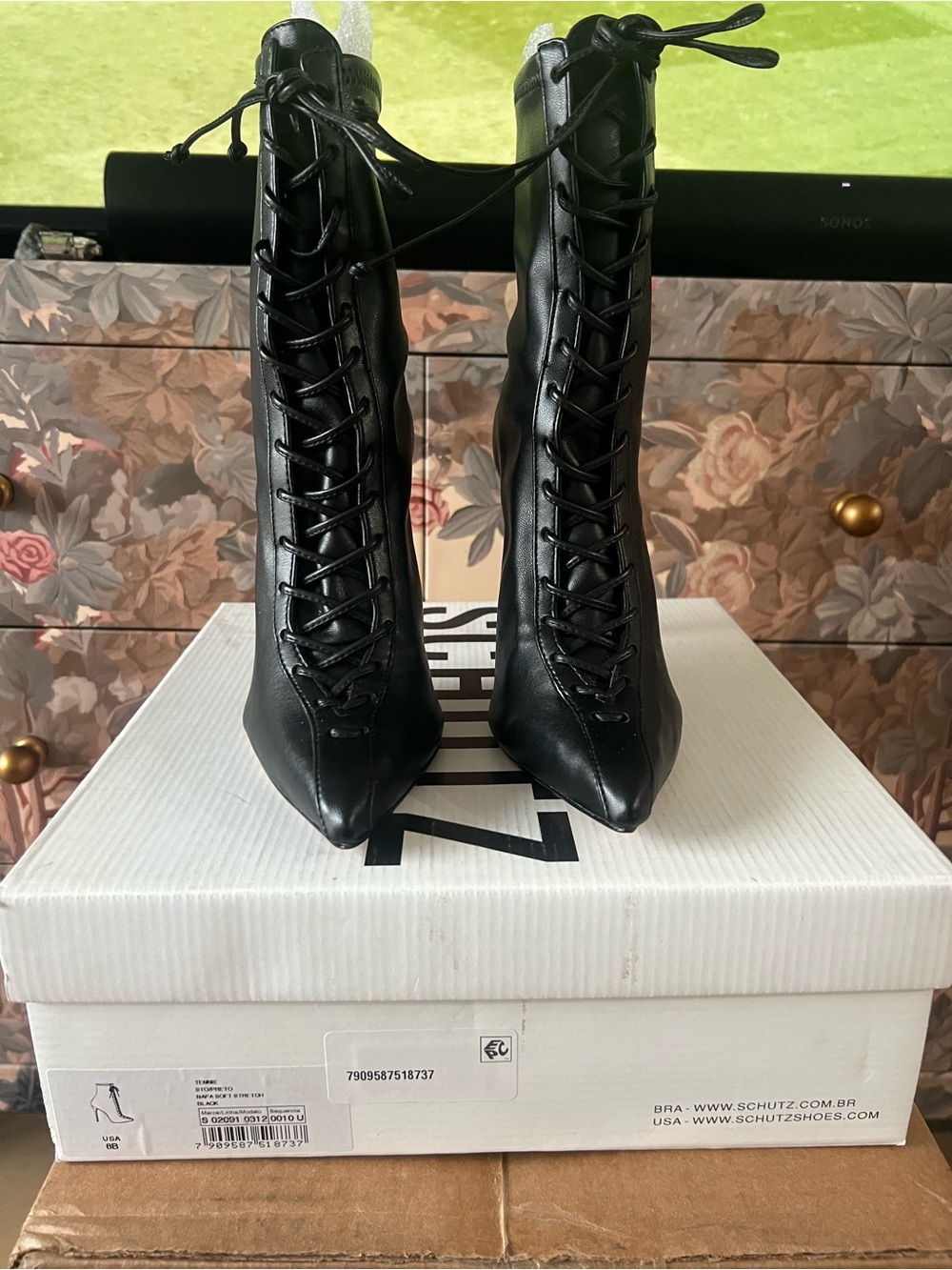 SCHUTZ NIB Black Lace-Up Pointed-Toe sexy Women's Boots 8